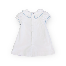 Load image into Gallery viewer, Little Girls White Corduroy Dress - Mary Ryan Apron Dress in Snow White Corduroy w/ Blue Cord Insert