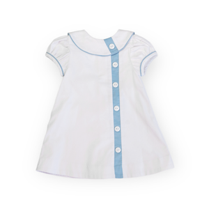 Little Girls White Corduroy Dress - Mary Ryan Apron Dress in Snow White Corduroy w/ Blue Cord Insert
