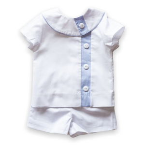 Edward Overblouse Suit in White Pique with Blue Insert