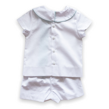 Load image into Gallery viewer, Little Boys Overblouse Outfit - Edward Overblouse Suit in White Pique with Aqua Insert