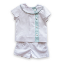 Load image into Gallery viewer, Little Boys Overblouse Outfit - Edward Overblouse Suit in White Pique with Aqua Insert