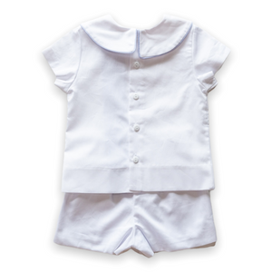 Edward Overblouse Suit in White Pique with Blue Insert