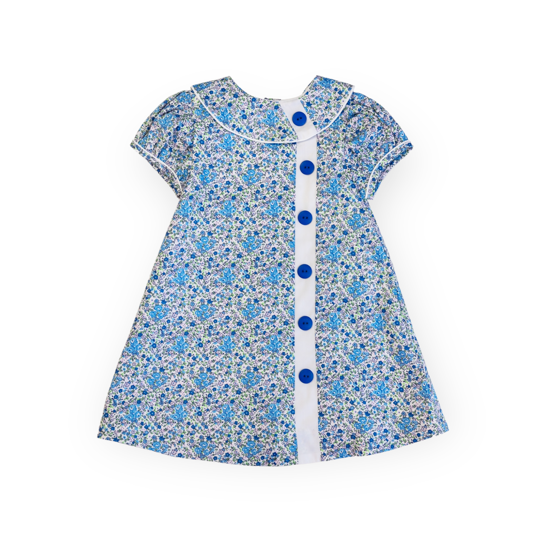 Mary Ryan Apron Dress in Blue Floral with White Insert