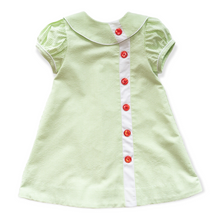 Load image into Gallery viewer, Little Girls Green Seersucker Dress - Mary Ryan Apron Dress in Lime Green Seersucker Check with White Insert