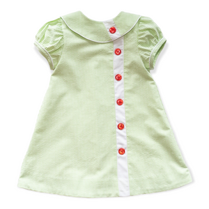 Little Girls Green Seersucker Dress - Mary Ryan Apron Dress in Lime Green Seersucker Check with White Insert