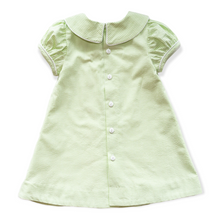 Load image into Gallery viewer, Little Girls Green Seersucker Dress - Mary Ryan Apron Dress in Lime Green Seersucker Check with White Insert
