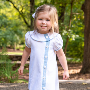 Little Girls White Corduroy Dress - Mary Ryan Apron Dress in Snow White Corduroy w/ Blue Cord Insert