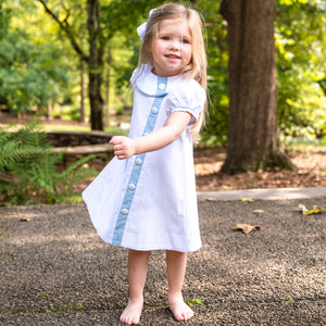 Mary Ryan Apron Dress in Snow White Corduroy w/ Blue Cord Insert