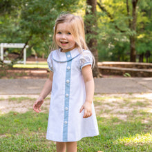 Load image into Gallery viewer, Little Girls White Corduroy Dress - Mary Ryan Apron Dress in Snow White Corduroy w/ Blue Cord Insert