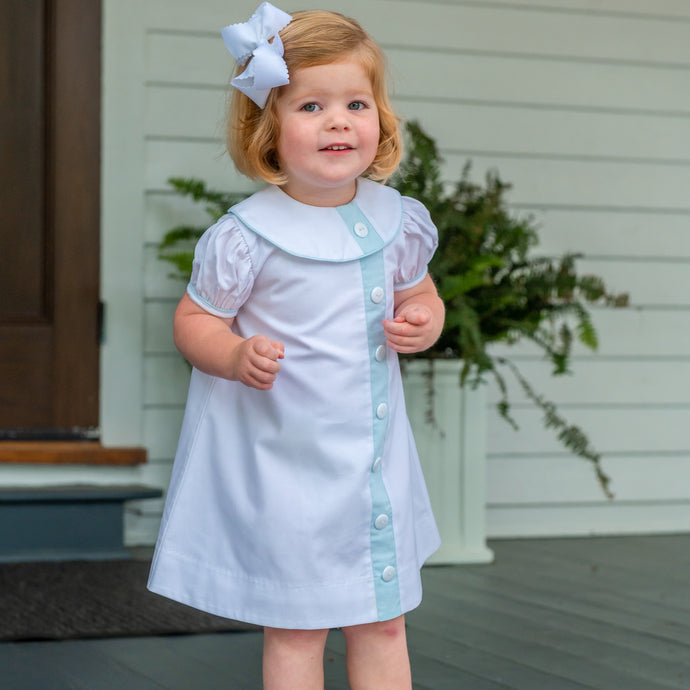 Little Girls White w/Aqua trim Dress - Mary Ryan Apron Dress in White Pique with Aqua Insert